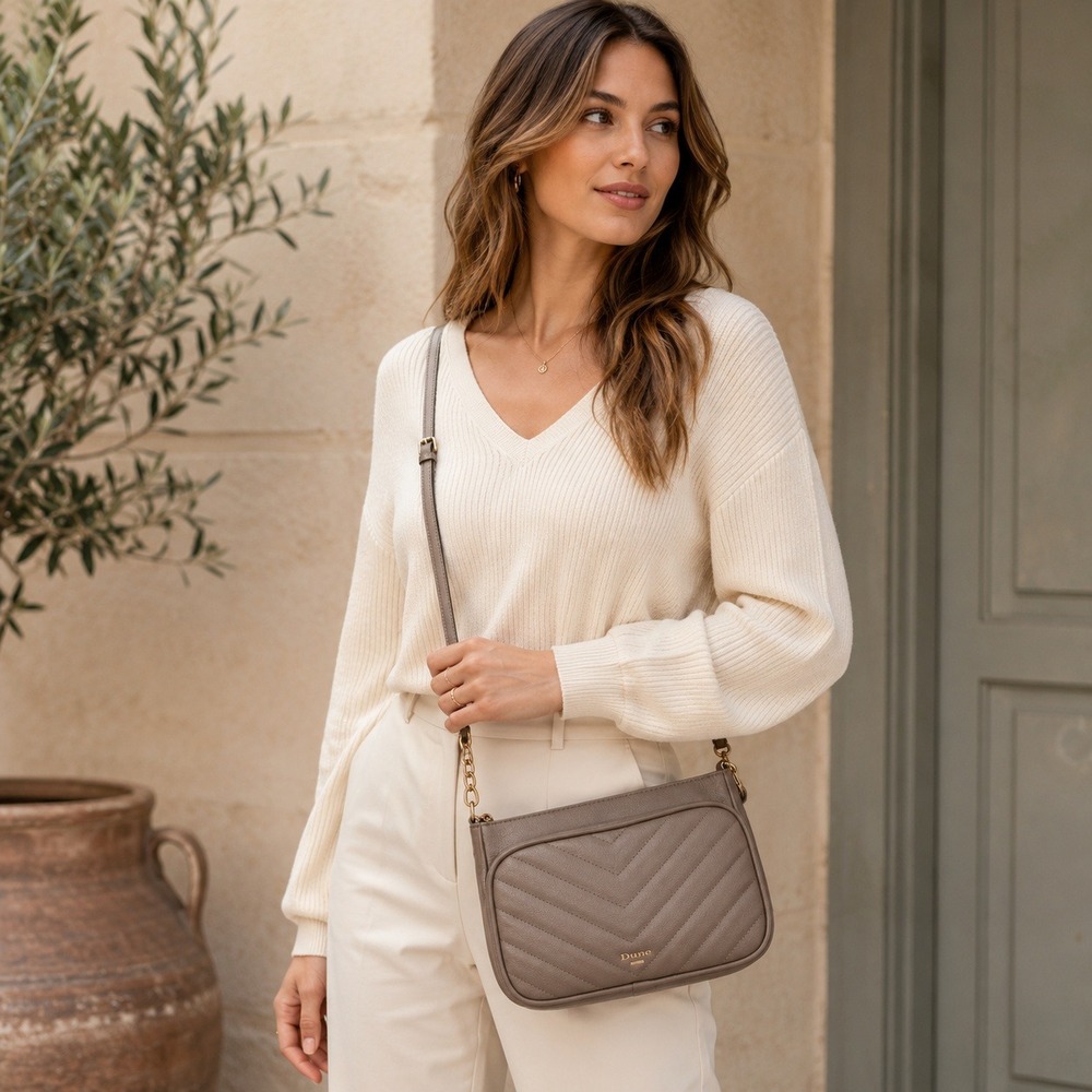Dune London Dorea Q Crossbody Bag Taupe Quilted Chevron Vegan Leather Gold HW